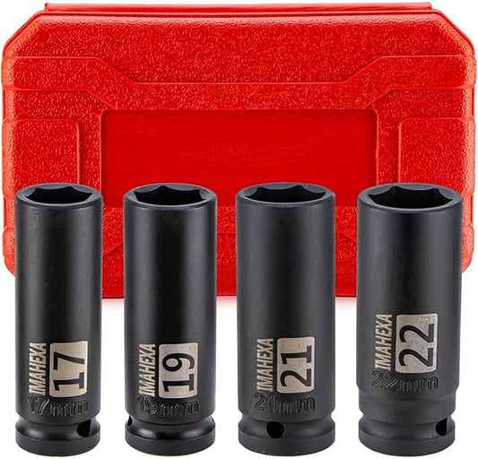 1/2" Drive Deep Large Impact Socket Set, 4-Piece Spindle Axle Nut Metric 6 Point Sockets Set, Metric Sizes(17,19,21,22mm),CO-MO Meterial
