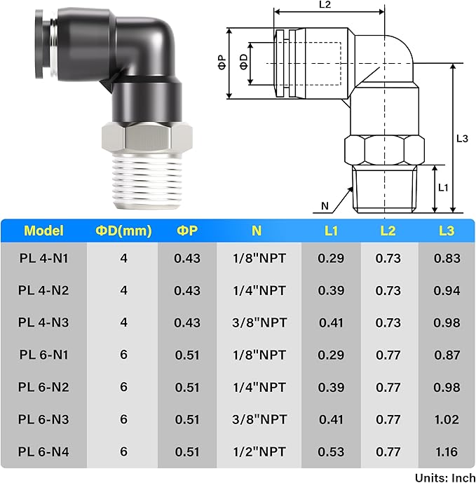 TAILONZ PNEUMATIC Male Elbow 6mm Tube OD x 1/8 Inch NPT Thread 90 Push to Connect Fittings PL6-N1 (Pack of 2)