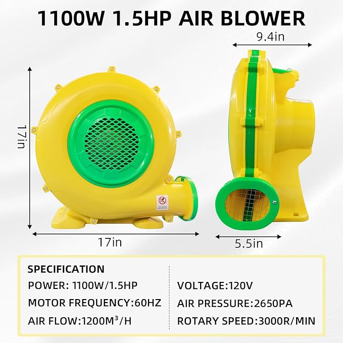 1100Watt/1.5HP High Power Air Blower for Large Inflatables, GONFLABLE Inflatable Bounce House Blower, Portable Fan Pump Leaf Blower Corded Commercial for Bouncy Castle, Jumper, Water Slide