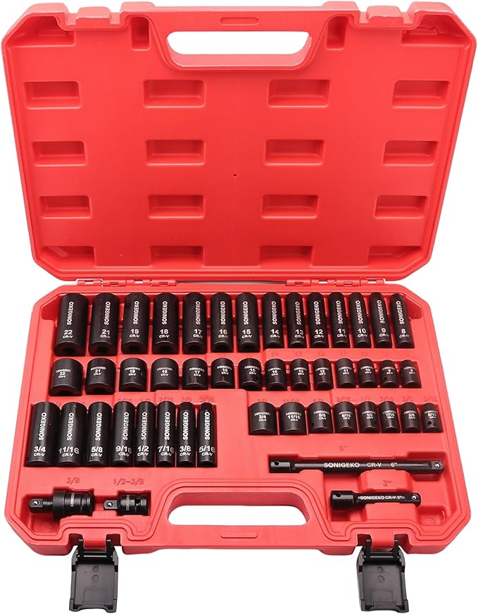 Socket Set 3/8" Drive Impact Socket Set,48-Piece 6 Point Deep,Standard SAE and Metric CR-V Steel Sockets with extension bar (Metric and SAE, 3/8" Socket Set, 48pcs)