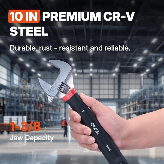 BLACK CANYON 10" Adjustable Wrench, 1-3/8" Jaw Capacity, Superior Cr-V Steel, Hex Jaw design, Smooth Jaw Adjustment, w/Comfort Grip, Fits home fixes, pipe installation, garage tasks