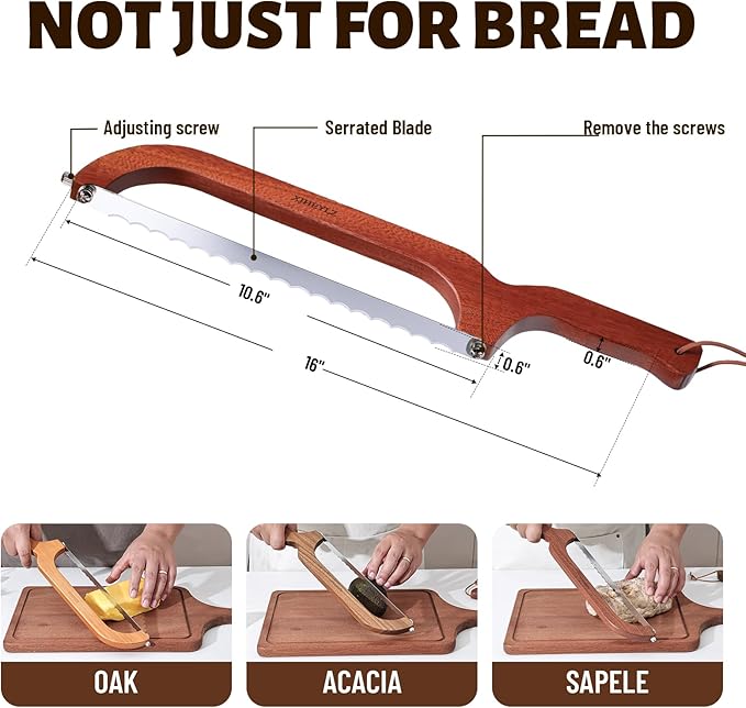 Sourdough bread knife, Bread Knife 16",Bread Slicer for Homemade Bread,Adjustable blade tightness for Even Slicing, Serrated knife,Wooden Bread cutter with Bow Design (3, Red-brown color)