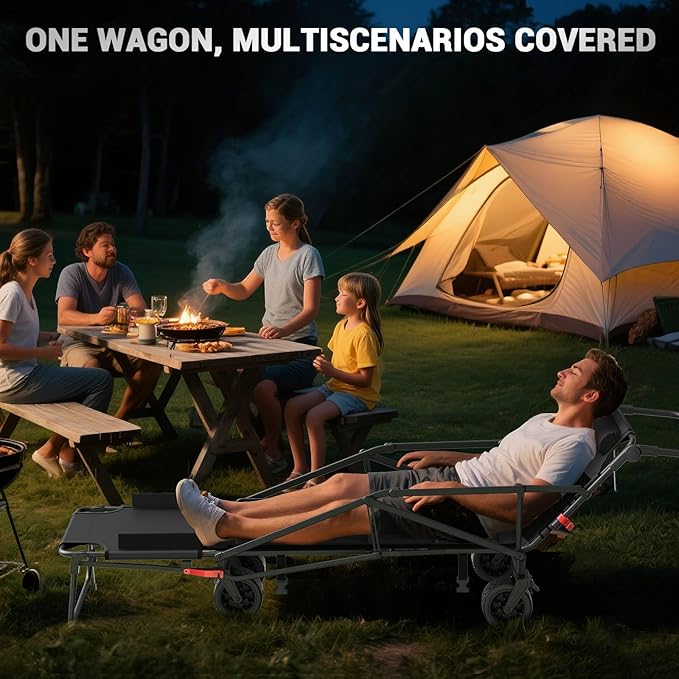 LEVELEVE Heavy Duty Folding Wagon - 2-in-1 Collapsible Cart, 650lb Capacity, All-Terrain Wheels w/Brakes & Side Pockets (Dark Gery)