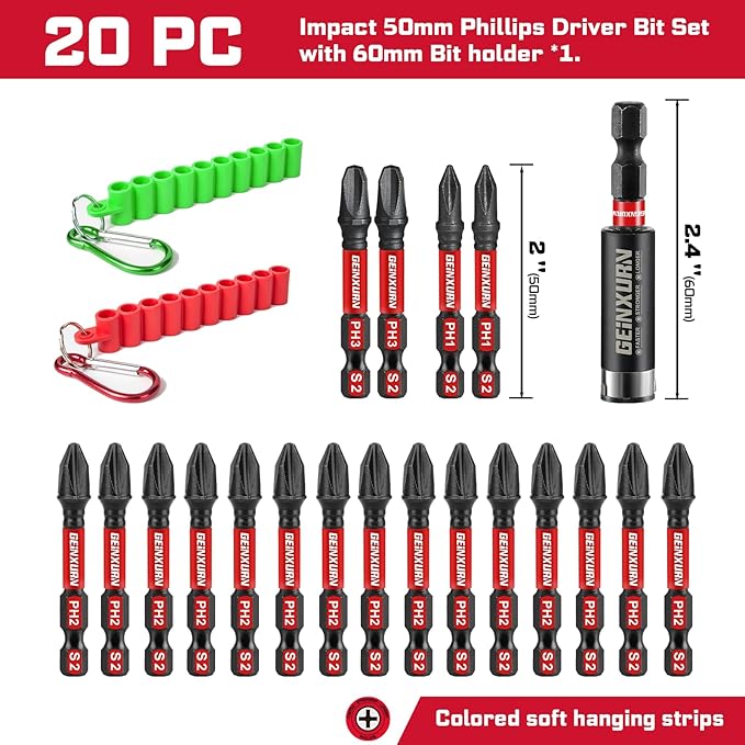 Impact Phillips Screwdriver Bits Set,20 Pieces 2?쒶agnetic(PH1/PH2/PH3) S2 Steel Multi Cross Driver Bits and 1 Pc Bit Holder with Soft Hanging Strips