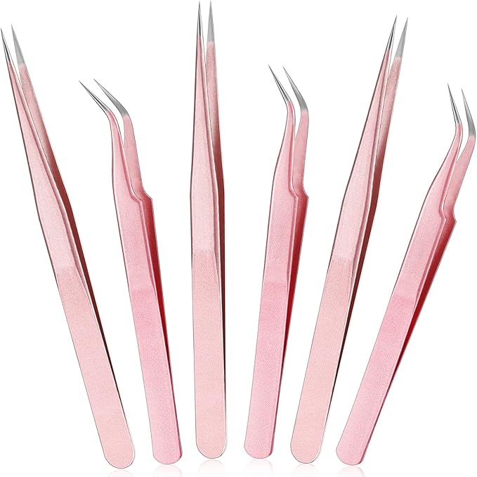 Mudder 6 Pcs Lash Tweezers High Precision Eyelash Tweezers for Lash Extension, Straight and Curved Tip, Stainless Steel for Volume Eyelash Cluster Tools Girls Women Beginners(Rose Gold)