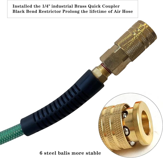 Air Hose 1/4 in x 100 ft, Polyurethane(PU), Reinforced Air Compressor Hose, Lightweight, Kink Resistant with 1/4??Industrial High Flow Quick Coupler and Plug, Bend Restrictors,300 PSI (100FT, Green)