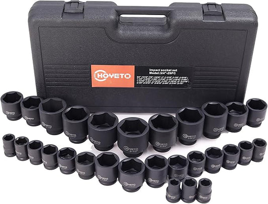 29-Piece 3/4" Drive Impact Socket Set, SAE 3/4" to 2-1/2", 6-Point Design, Rugged Construction, with Heavy-Duty Storage Case ??Ideal for Auto Repair & Household Use