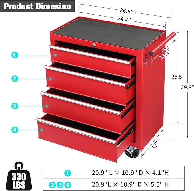 Winado 4-Drawer Tool Chest with Wheels & Lock & Key, Heavy Duty Cart Rolling Tool Box on Wheels, Metal Storage Cabinet, Rolling Tool Cart with Drawers for Garage, Warehouse & Repair Shop (Red)