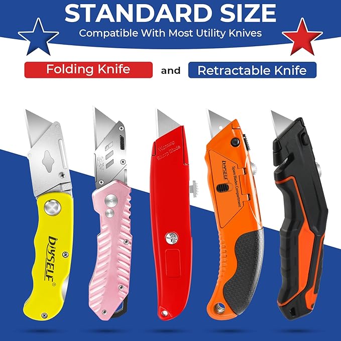 DIYSELF Utility Knife Blades 100 Pack, Box Cutter Blades Refills with Dispenser, Razor Blades Utility Knife Replacement Blade for Box Cutter, Razor Knife Blade