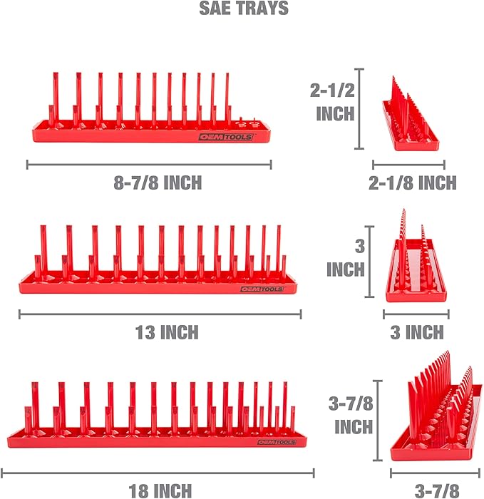 OEMTOOLS 22413 6 Piece SAE and Metric Socket Tray Set, SAE and Metric Socket Storage for Sizes 1/4", 3/8?? and 1/2" Drive, Socket Holders and Socket Organizer Tray for Toolbox, Red/Grey
