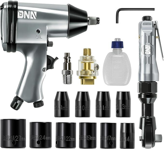 DNA MOTORING 17 Pcs Air Tool Kit 1/2-Inch Pneumatic Air Impact & Ratchet Wrench Kit Torque Wrench for Repairs, w/Case, Sliver/Black, TOOLS-00530
