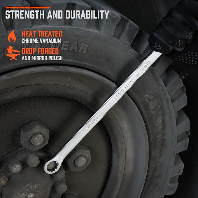HORUSDY 8-Piece Extra Long Double Box-End Wrench Set, 12-Point Metric 8??4 mm, CR-V Steel, 15째 Offset, Off-Corner Loading, with EVA Foam Organizer