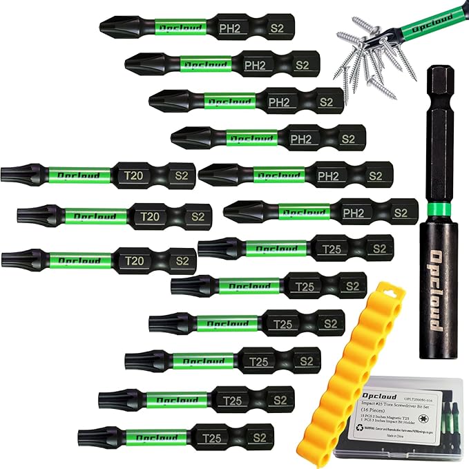 Impact Screwdriver Bit Set, 16 Pieces 2??Phillips/Torx Tips S2 Steel Magnetic Driver Power Bit Set with Extension Impact Bit Holder