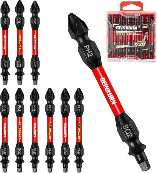 10Pcs PH2-SQ2 Impact Double End Screwdriver Bit Set, 2.56 in. #2 Phillips /#2 Square Power Driver Bits, Magnetic S2 Steel Two Sides Screwdriver Bits Set with Storage M-Box