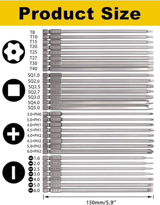 Rocaris 30 Pack 1/4 Inch Hex Shank Long Magnetic Screwdriver Bits Set 6 Inch Power Tools(Slotted+Cross+Square +Torx)