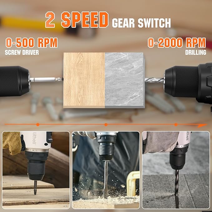 Litheli 20V Brushless Cordless Drill Driver, 530 In-lbs High Torque, 1/2 Inch Keyless Chuck, 2000 RPM, 2.0Ah Battery (Power Bank Function), Type-C Charging, Lightweight Electric Drill for DIY
