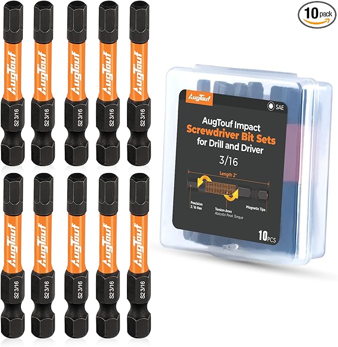 toolant 3/16" Impact Hex Bits Set 10pcs,1/4” Hex-Shank Allen Wrench Drill Bit Set, S2 Steel, CNC Machined Tips with Magnetism, 2” Long with Storage Box