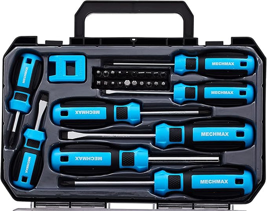 29 Piece MECHMAX Magnetic Screwdriver Set with Assorted Bits Includes Phillips, Slotted, Star, Hex & Square Bits, Features Magnetizer/Demagnetizer & Storage Case, Hand Tool Kit for Home Repair