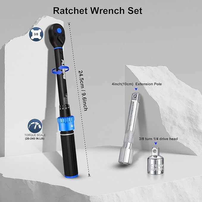 3/8" Drive Inch Pound Torque Wrench 20-240 in.lb, 짹3% Accuracy, Dual-Direction 72-Tooth Small Torque Wrench Set with Extension Bar 3/8" Adapter for Bike Motorcycle Car Maintenance