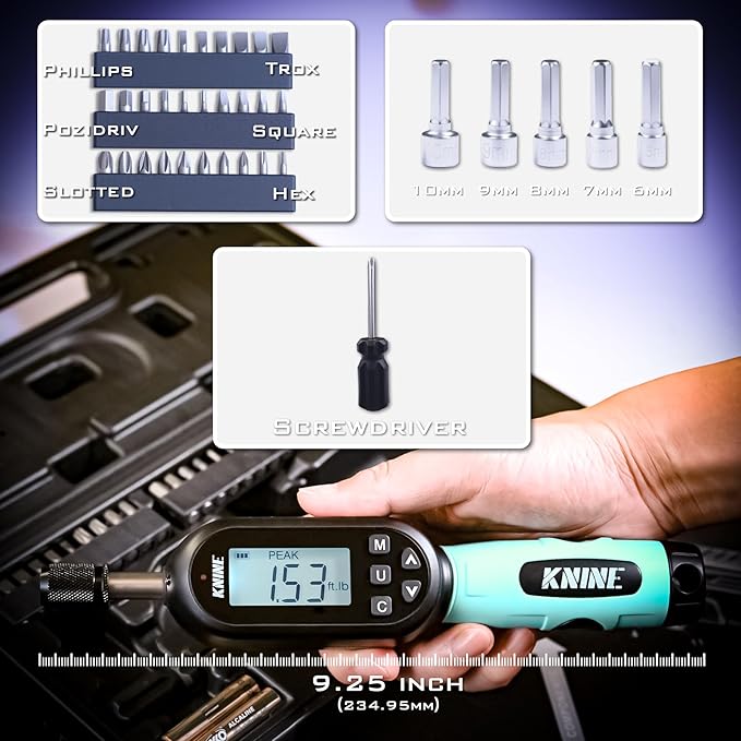 KNINE OUTDOORS 1/4 inch Digital Torque Screwdriver Wrench Driver Set, Inch Pounds lbs for Maintenance, 10-100 in-lb (1.2??2 Nm), Hex Bits, For Tools, Bike Repairing and Mounting