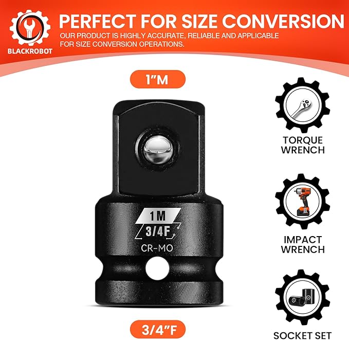 BLACKROBOT 3/4?쒯 To 1?쒶 Impact Socket Adapter, Cr-Mo Steel Exceeds ANSI Standards, Square Drive Reducer for Impact Driver Wrench