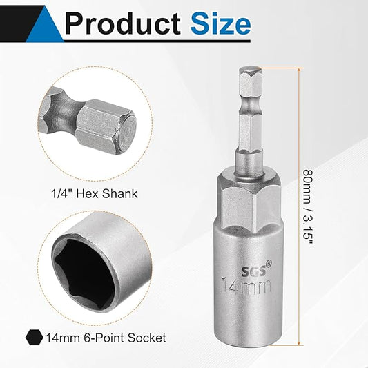 HARFINGTON 5pcs Nut Driver Drill Bit 14mm Metric Socket 1/4" Hex Shank 3.15" (80mm) Long 6-Point Sockets Quick Change CR-V Steel Bolt Setters for Power Drill Drivers