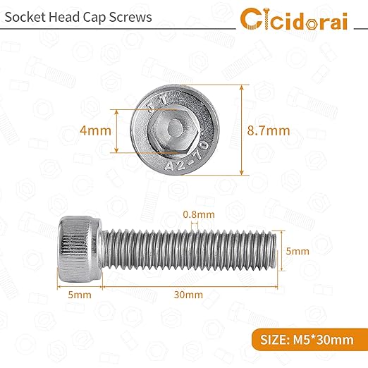 Cicidorai M5-0.8 x 30mm Socket Head Cap Screws Bolts, 304 Stainless Steel (A2-70), Allen Socket Drive, Bright Finish, Full Machine Threads, Quantity 50