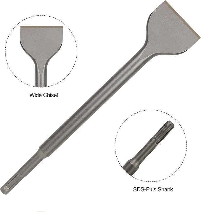 SDS Plus 4-Piece Chisel Set, Thinset Scraping Bit 3??x 10??Thinset Scaling Chisel, Point Chisel, Flat Chisel, Wide Chisel - SDS Chisel Bits for Hammer Drills ??Tile Removal