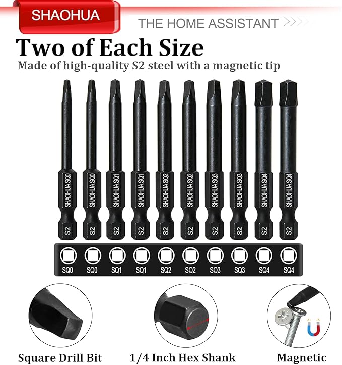 10PCS Square Drill Bit, 2.36" Magnetic Head Robertson Screwdriver, 1/4 Inch Hex Shank Square Bit Set Sizes #0,1,2,3 and #4, PREMIUM S2 Alloy Steel Robertson Driver Bits, Pocket Hole Screw Drill Bit