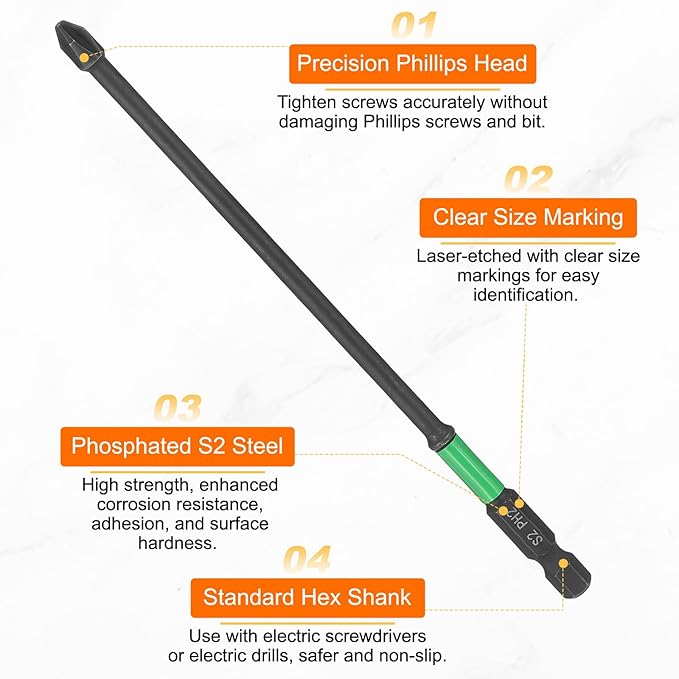 HARFINGTON #2 Impact Phillips Screwdriver Bit PH2 1/4" Hex Shank 6" (150mm) Length 0.17" Rod Magnetic Cross Head Drill Bits S2 Steel Industrial Screw Drivers for Impact Power Tools