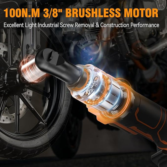 Protmex 74FT-LBS (100N.m) Cordless Ratchet Wrench, 3/8'' Brushless Electric Ratchet with 21V 2.0Ah Battery, 0-400RPM Chargeable Power Ratchet Tool Kit with Variable Speed Trigger