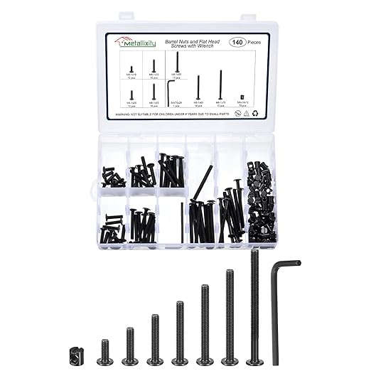 METALLIXITY Furniture Crib Screws Replacement Set with Wrench(M6-1x16/25/35/45/55/65/75mm) 140Pcs, Galvanization Connector Bolt M6 Barrel Nuts Binding Screws, for Chair Cabinet Bed, Black