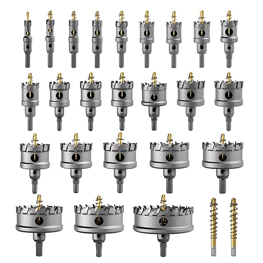 GSTK Upgraded 26 PCS Heavy Duty Carbide Hole Saw Set, Metal Steel Drill Bit, TCT Cutter, 24 Saws with 2*Extra Pilot Center Drills, Ideal for Metal, Iron, Stainless (1/2''- 3-15/16'')-26PCS