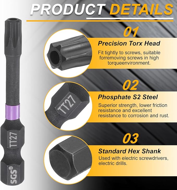 HARFINGTON 2pcs TT27 Torx Head Impact Screwdriver Bits 1/4" Hex Shank 2" (50mm) Long Magnetic Tamper Proof 6 Point Star Screw Driver Drill Bits Phosphate S2 Steel Power Tools with Hole