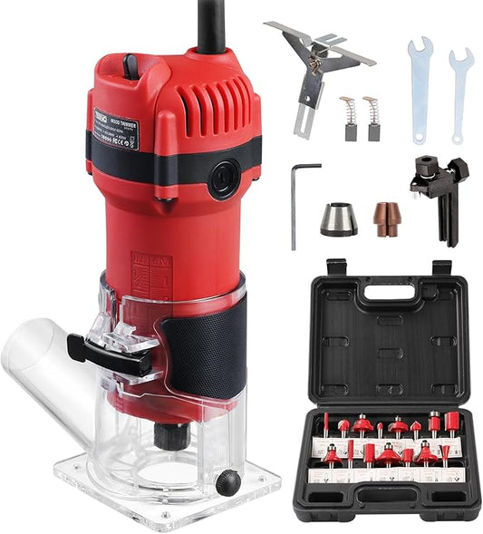 TEENO Wood Router, 800W Compact Router Tools for Woodworking, 31000 RPM Hand Trim Router with 15 Pcs 1/4" Router Bits Set, Edge Guide, Roller Guide, Dust Hood
