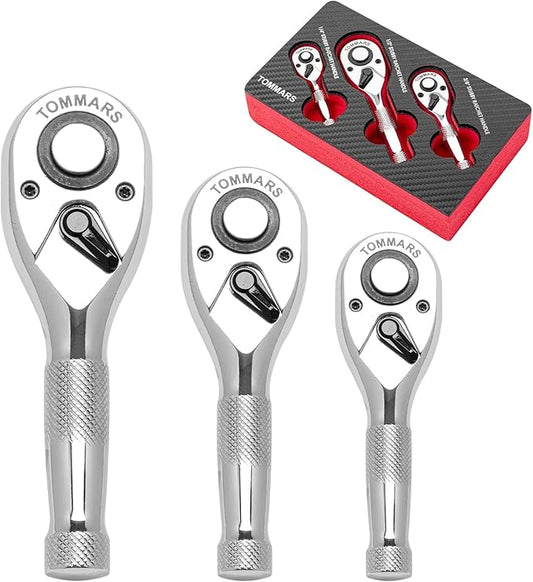 TOMMARS Stubby Ratchet Set, 1/4", 3/8", 1/2" Drive Ratchet Handle Wrench 72-Tooth Quick-Release Reversible, Gift for Men Mechanic Hand Tools