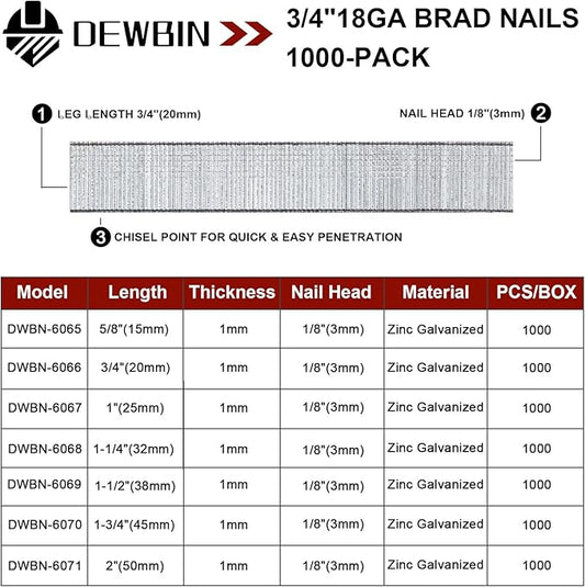 18 Gauge Brad Nails, 1000 Counts 3/4-inch 18 GA Brad Nails, Galvanized Nails for Nail Gun, Finishing Nail Gun Nails for Pneumatic, Electric Brad Nailer Gun