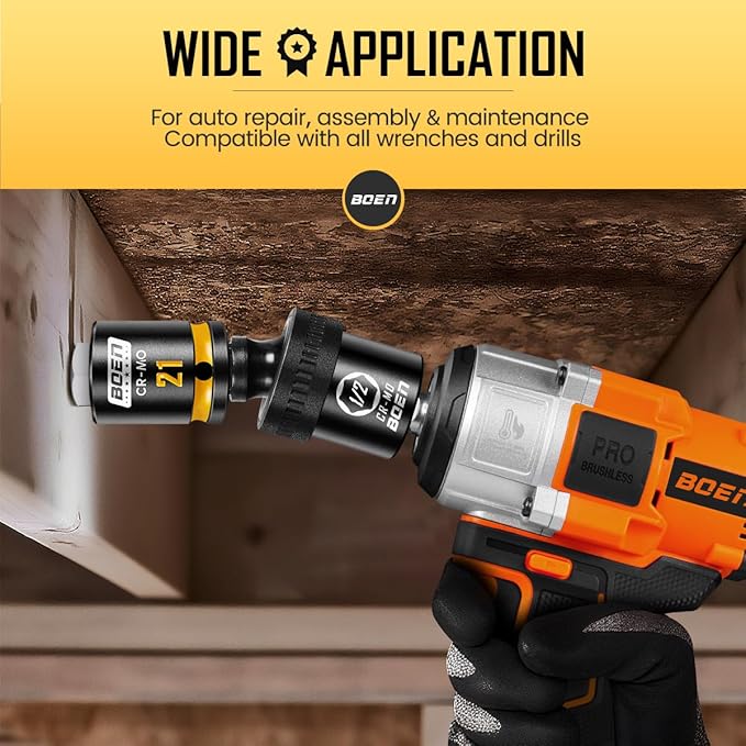 BOEN 6PCS Impact Universal Joint Sockets and Drill Adapters, 1/2" 1/4" 3/8" Drive Swivel Socket Set for Impact Wrench, CR-MO Steel Universal Joint Adapter Wobble with Storage Case