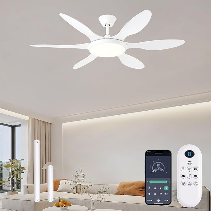 White Ceiling Fans with Lights, 51 Inch Ceiling Fan with Light and Remote Control, Reversible, 3CCT, Dimmable, Noiseless, LED Ceiling Fan for Bedroom, Living Room, Indoor/Outdoor Use