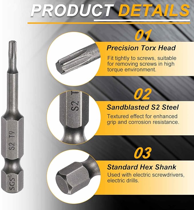 HARFINGTON 2pcs T9 Torx Head Screwdriver Bit 1/4" Hex Shank 2" (50mm) Long Magnetic No Hole Tip Tamper Proof 6 Point Star Screw Driver Drill Bits S2 Steel Industrial Power Screwdrivers