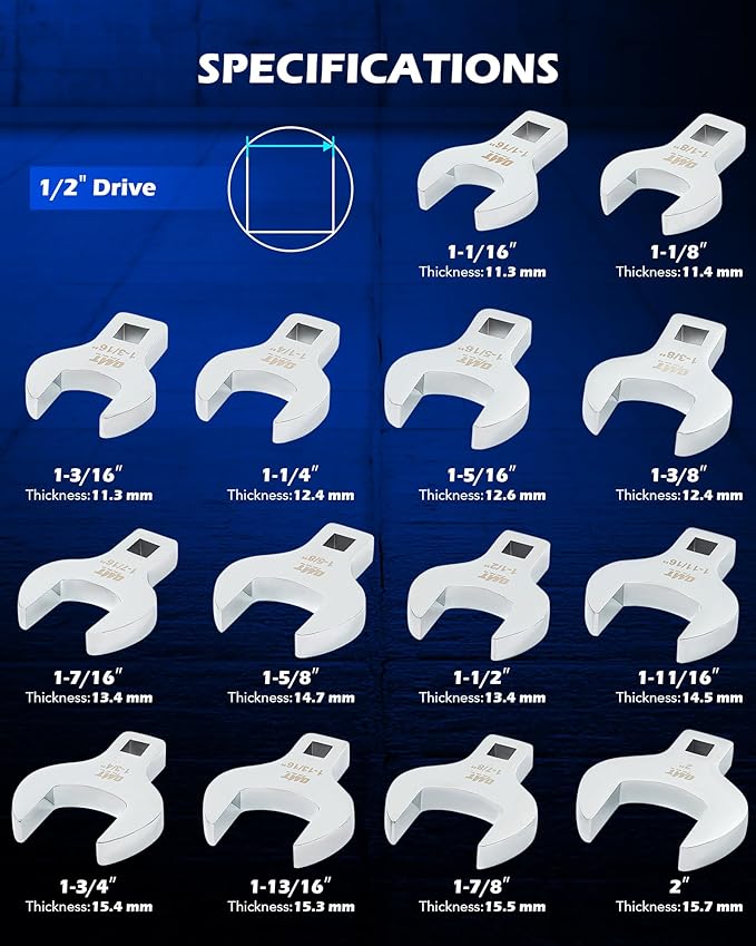 Orion Motor Tech 14 Piece Jumbo Crowfoot Wrench Set, SAE Crows Foot Wrench Set for 1-1/16" to 2" Flare Nuts for 1/2" Drive Rachets Extenders, Cr-V Steel Crowfoot Wrenches with Phosphating & Carry Case