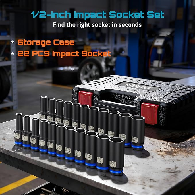 1/2" Drive Deep Impact Socket Set, SAE & Metric Sockets (5/16"-15/16" & 10-24mm), Professional CR-MO Steel, 6-Point for Impact Wrench, Automotive & Truck Repair Tool Kit