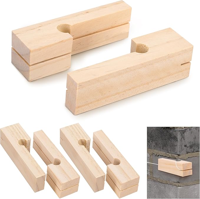 RUBII 6 Pcs 4 Inch Wood Masonry String Line Block, Portable Wooden Masons Line Blocks, Concrete Line Blocks for Bricklaying Tool Straight Line Stabilizer