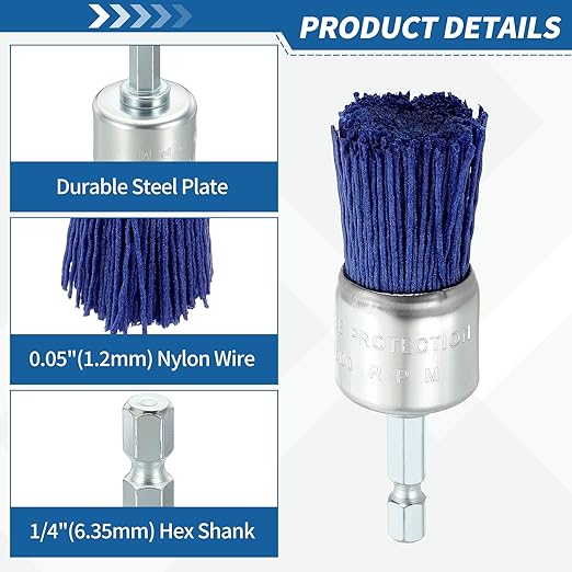 Wire Brush for Drill (1"/25mm) 1Pack, Crimping Steel Wire 0.05" (Nylon) Blue Wire Brush Drill Attachment with 1/4" Hex Shank - for Rust,Cleaning, Deburring on Cast Iron