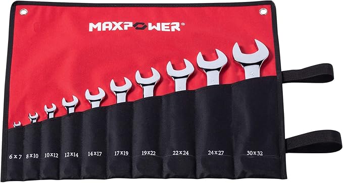 MAXPOWER 10PCS Double Open-End Wrench Set, Industrial Grade Spanners, Cr-V Steel, Roll-up Storage Pouch, Metric up to 32mm, Mirror Finish