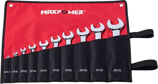 MAXPOWER 10PCS Double Open-End Wrench Set, Industrial Grade Spanners, Cr-V Steel, Roll-up Storage Pouch, Metric up to 32mm, Mirror Finish