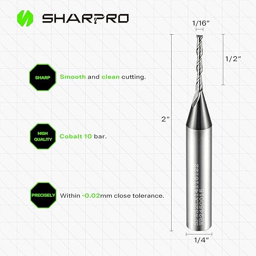 1/16 Router Bit 1/4 Shank, 1/16 CNC Router Bits 1/4 Shank, 1/16 Upcut CNC Bit, Up Cut Spiral Router Bits 1/4 , Solid Carbide Router Bits 1/4, Ideal for Wood Inlay, Plunge Plastic
