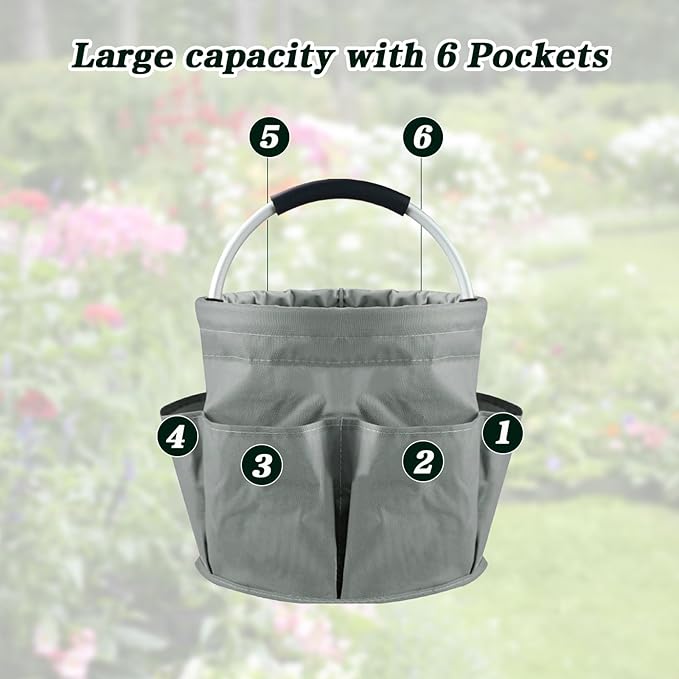 Garden Tool Bag with Pockets, 17L Large Waterproof Oxford Gardening Tote, Non-Slip Rubber Grip Handles, Durable Organizer for Garden Supplies (Gray)