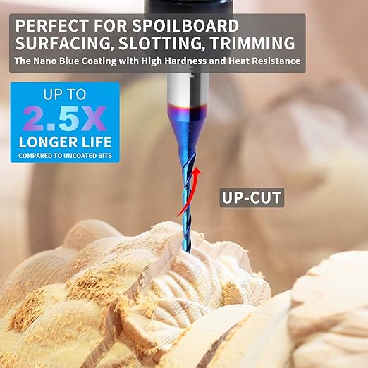 Upcut Spiral Router Bit 1/4 inch Shank, 1/16 inch Cutting Diameter Solid Carbide with Blue Nano Coated CNC Router Bits End Mill for Wood Carving, Engraving