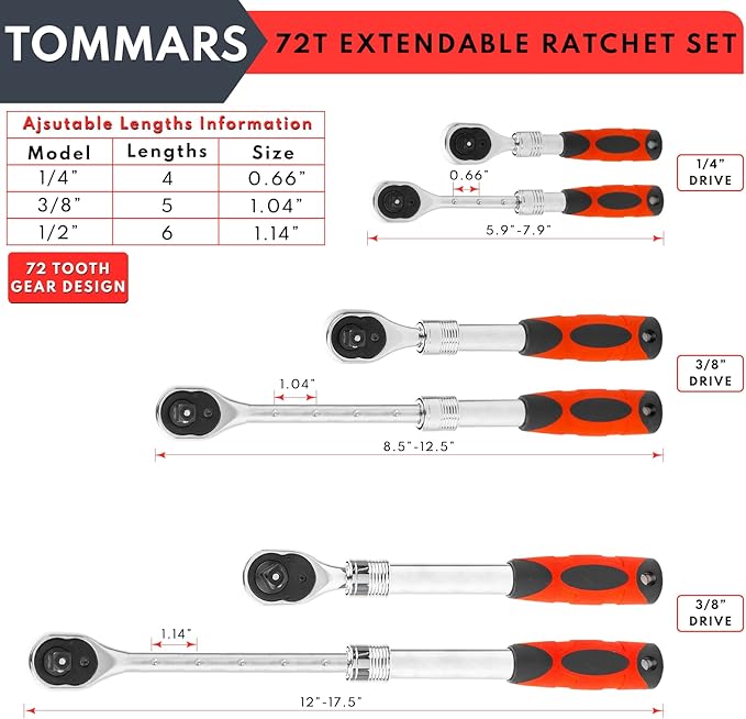 TOMMARS Extendable Ratchet Wrench Set, 1/4" 3/8" 1/2" Drive 72-Tooth Quick-release Retractable Socket Wrench Reversible Gift for Men Mechanic Hand Tools